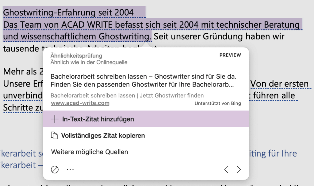 Überprüfung von Dokumenten auf Ähnlichkeit mit Onlinequellen