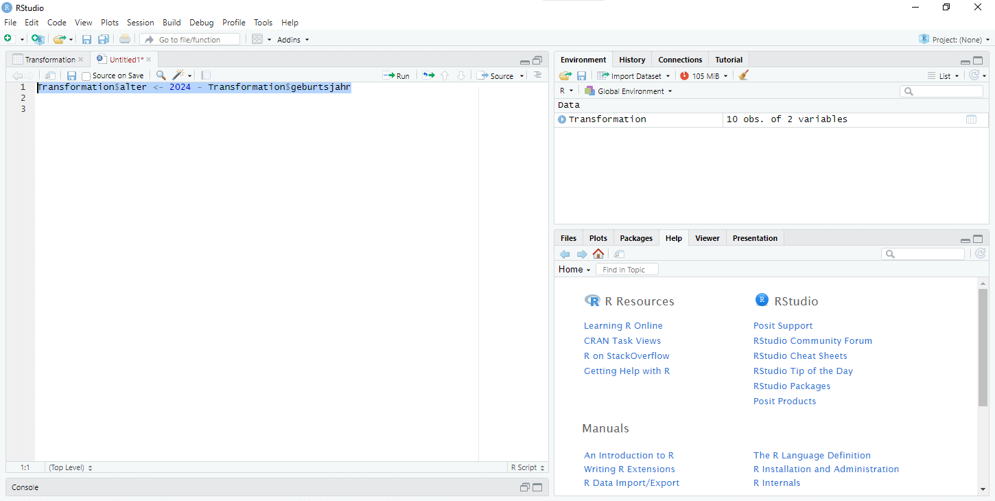 Berechnung und Transformation von Variablen in RStudio